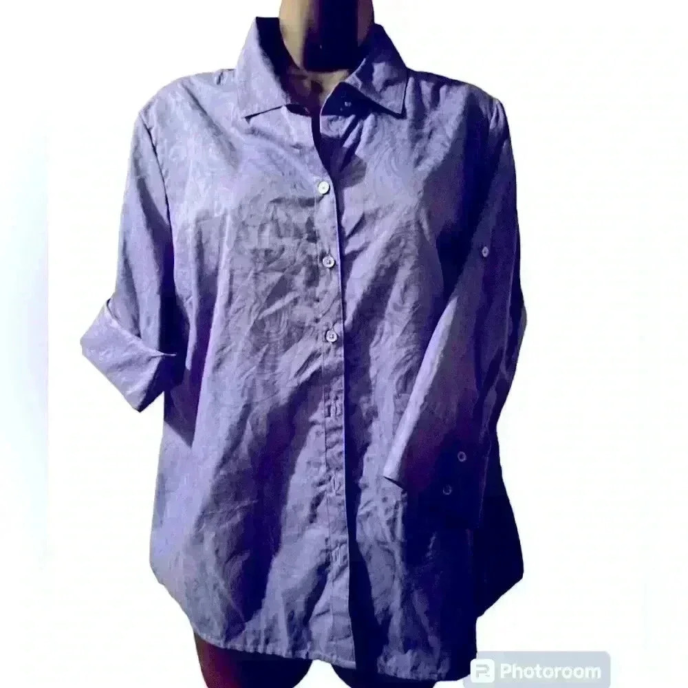 Croft & Barrow Sz Petite PL Navy Blue Collar and Button Roll Sleeve Blouse